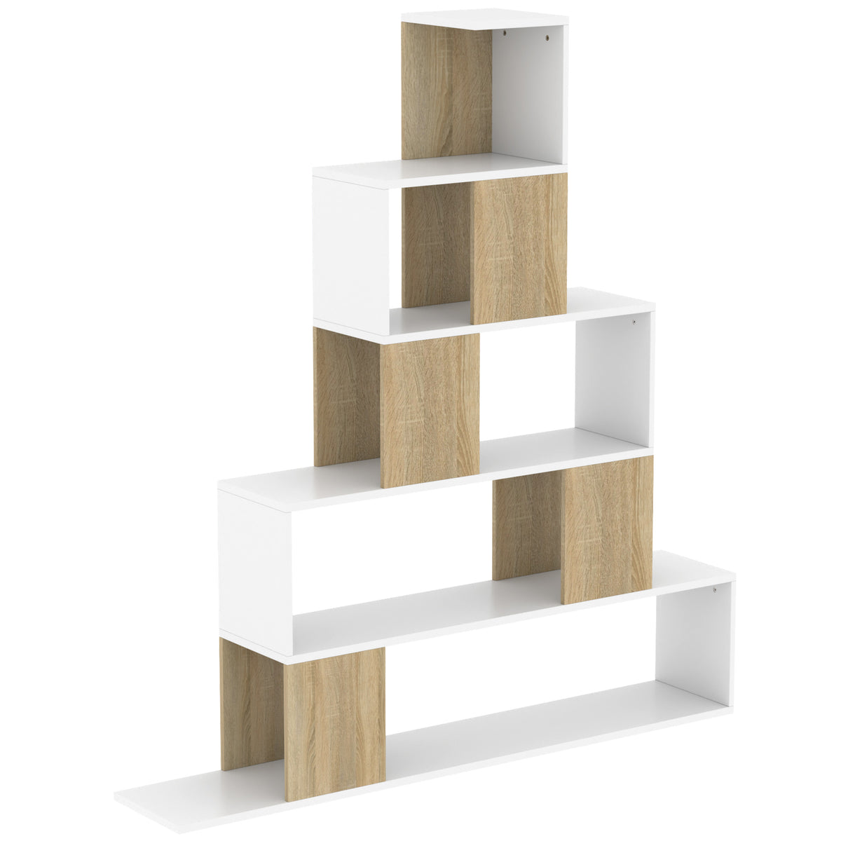 Étagère de rangement, bibliothèque géométrique à 5 niveaux, pour bureau, salon, chambre, blanc et bois naturel