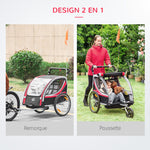 Remorque vélo pour enfant 2 en 1 convertible jogger poussette capacité 26,4 kg avec réflecteurs et drapeau - 2 places  - rouge