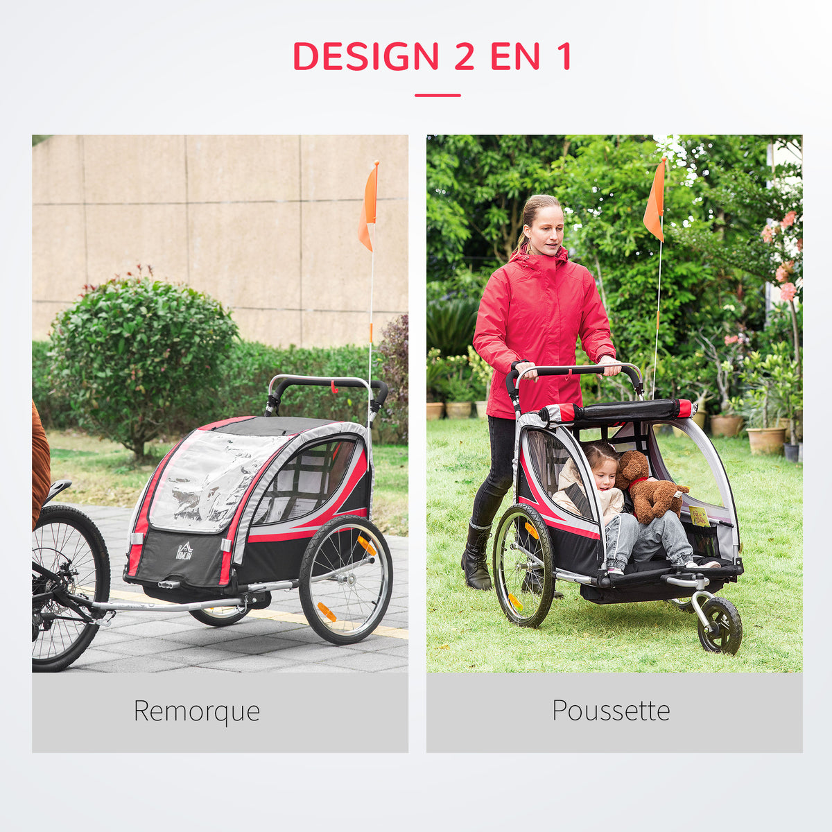 Remorque vélo pour enfant 2 en 1 convertible jogger poussette capacité 26,4 kg avec réflecteurs et drapeau - 2 places  - rouge