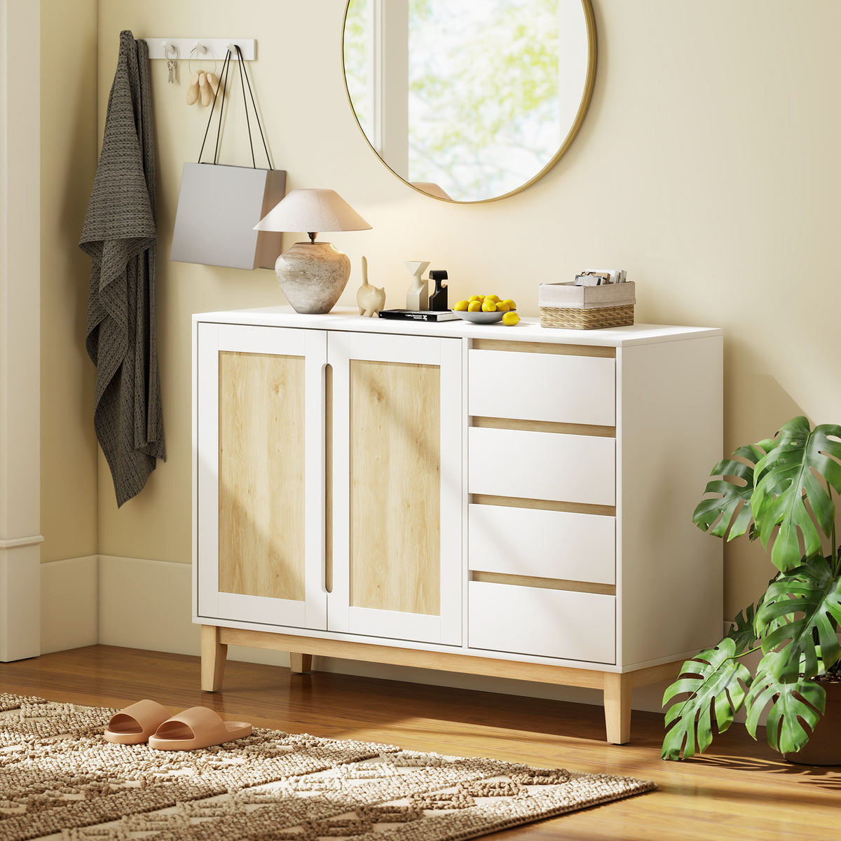 Buffet, meuble de rangement avec 2 portes et 4 tiroirs, étagère réglable, 120 x 40 x 86 cm, blanc et chêne