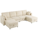 Canapé 4 Places avec 2 Poufs de Rangement, Canapé d'Angle Modulable en U 306 cm en Velours Côtelé, 4 Coussins, Crème