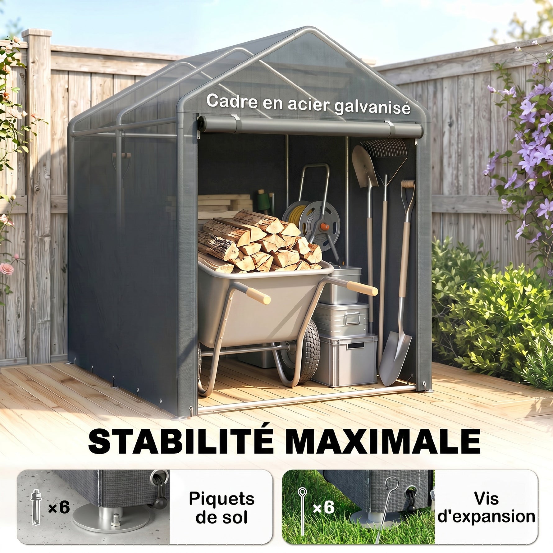 Abri de jardin tente de stockage portable avec cadre en métal galvanisé et grande porte, 1,2 x 1,8 m