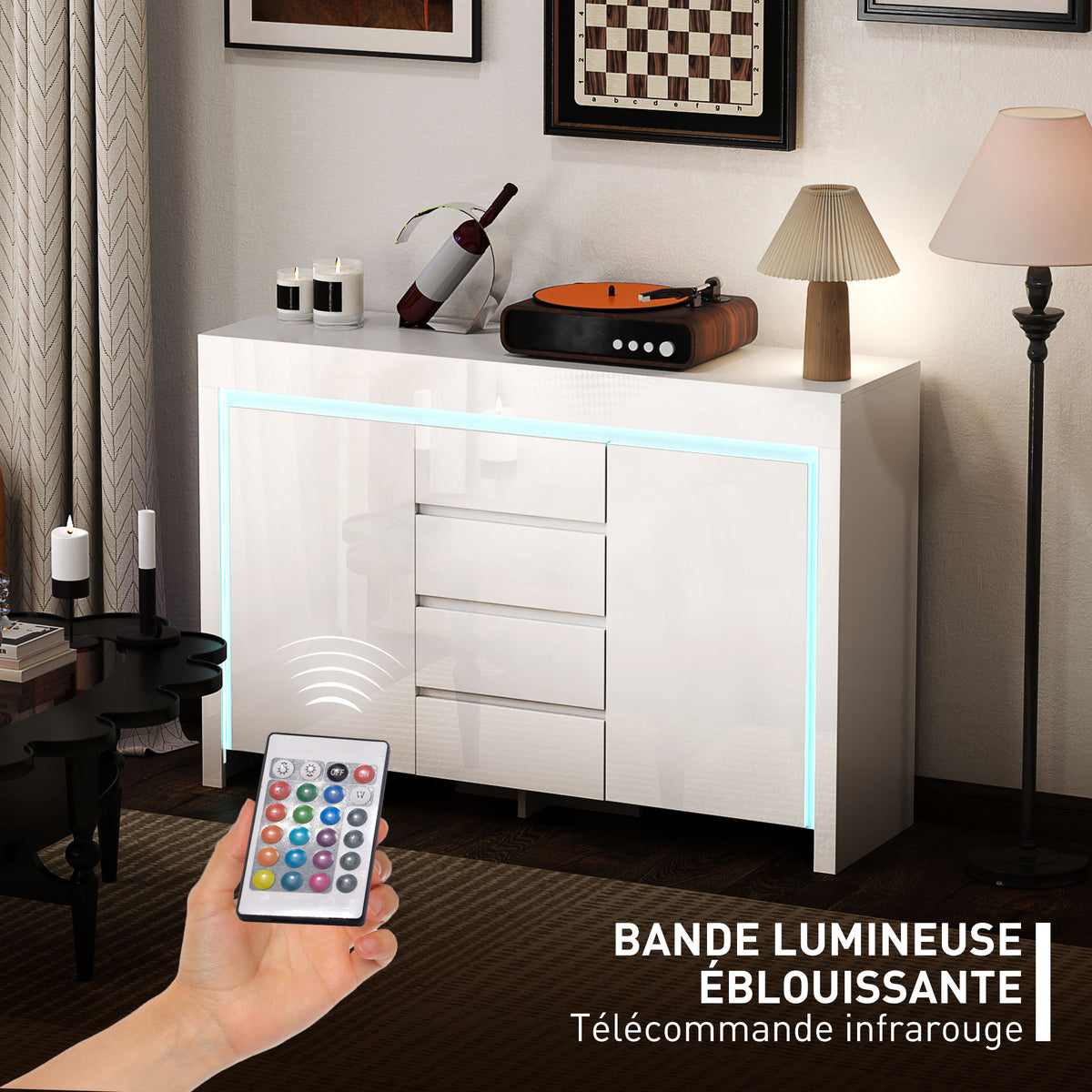 Buffet salon, meuble de rangement avec éclairage LED 4 tiroirs portes à fermeture douce 120 x 34 x 80 cm, blanc brillant