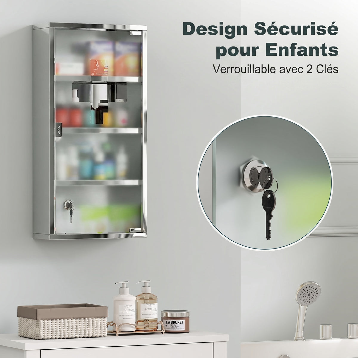 Armoire à Pharmacie 3 étagères 4 Niveaux 30L x 12l x 60H cm Porte Verre trempé Symbole Croix Acier Inoxydable brossé