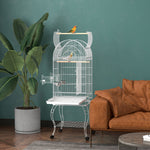 Cage à oiseaux sur roulettes avec étagère plateau amovible 2 bols perchoir acier inoxydable 51 x 51 x 153 cm blanc