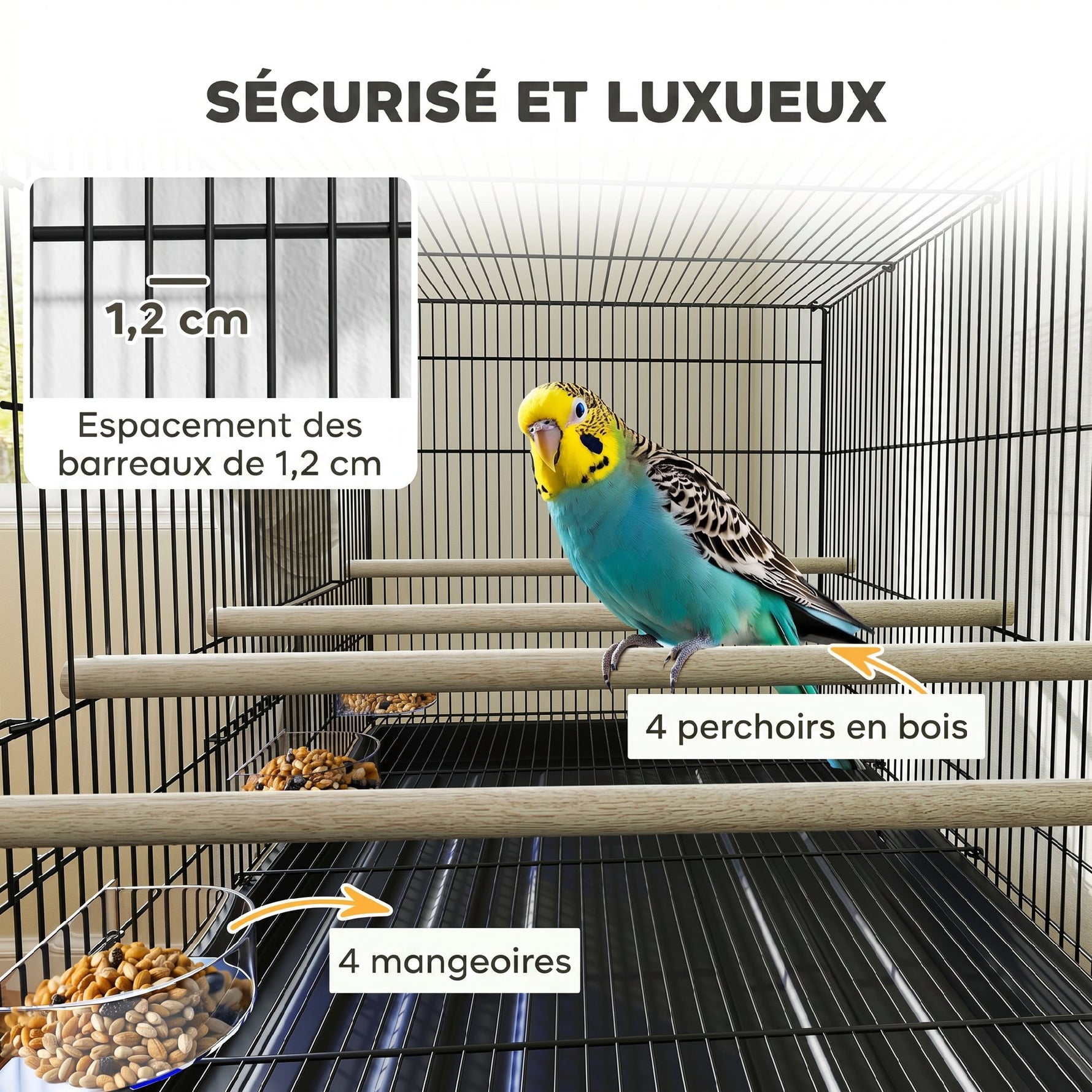 Cage à Oiseaux Volière Intérieur Acier avec Séparateur, 4 Perchoirs, Plateau Coulissant, 4 Mangeoires, 76x46x116cm, Noir