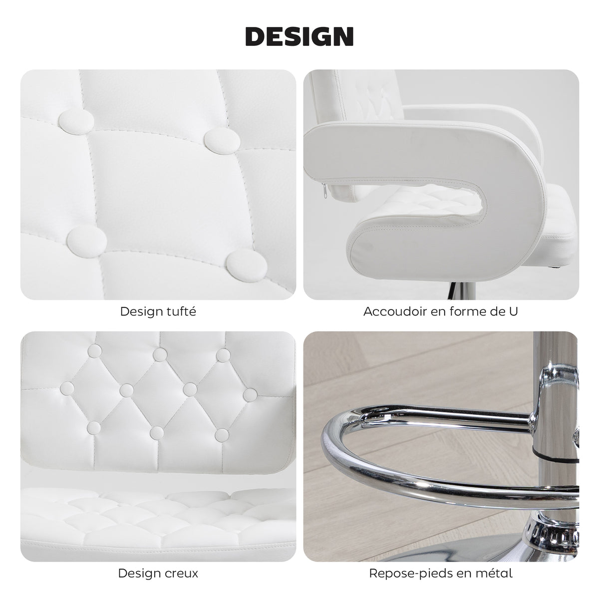 Tabouret de bar pivotant chaise de bar réglable en hauteur avec dossier repose-pieds et accoudoirs 61x50x93-113cm blanc