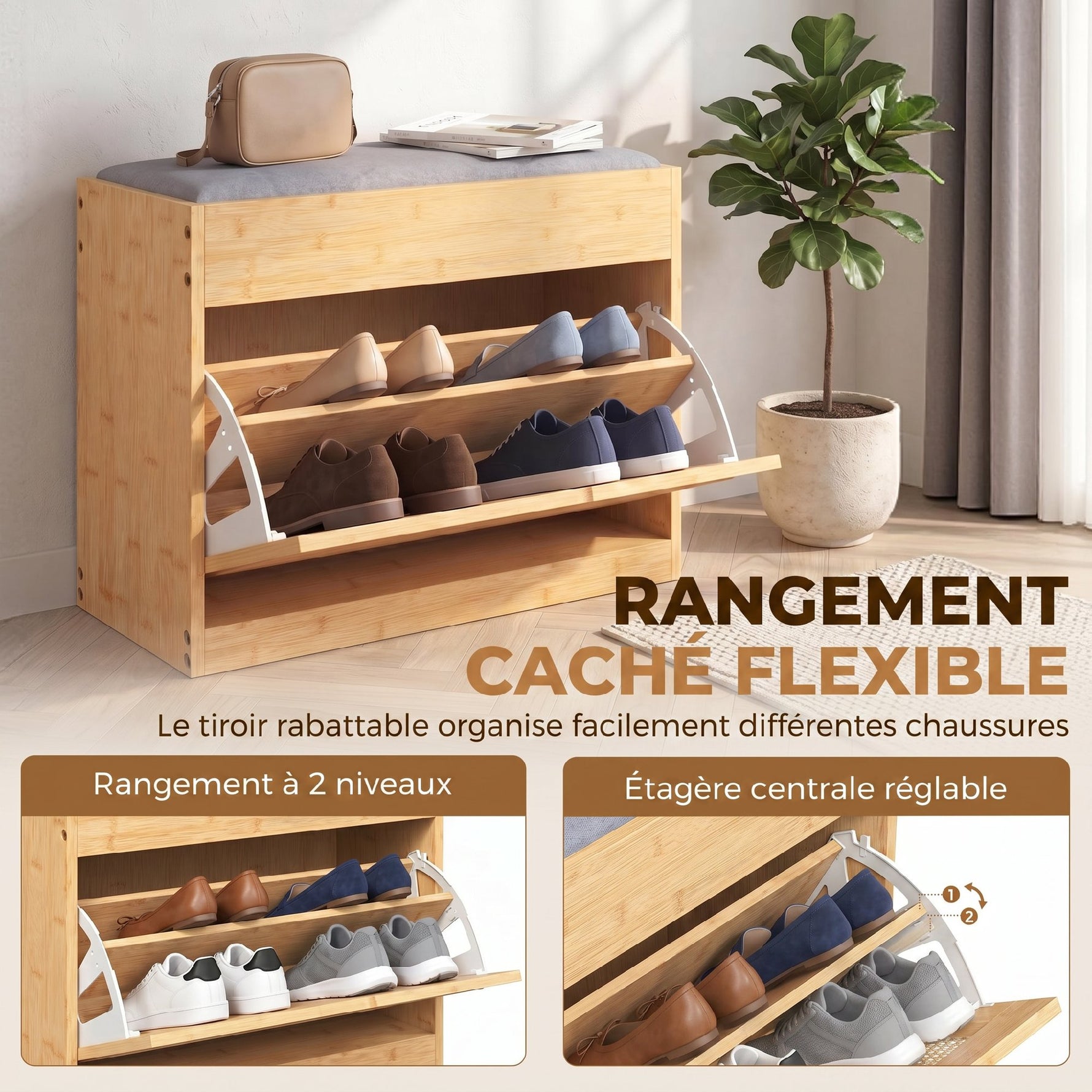 Banc chaussures entrée, banc de rangement en bambou, assise rembourrée, porte en rotin et étagère réglable, bois naturel