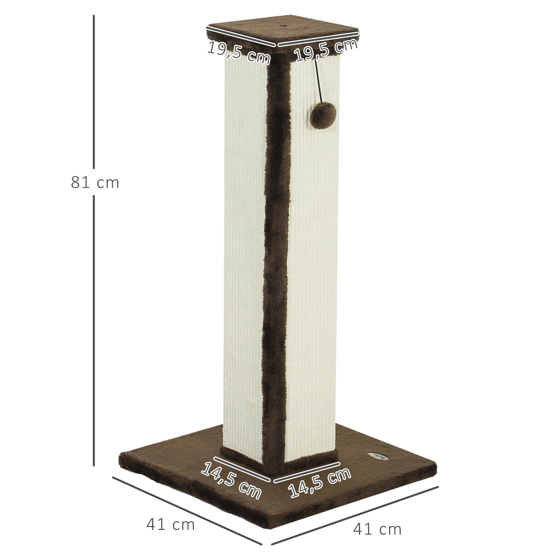 Griffoir pour chat poteau griffoir chat en sisal et peluche, boule suspendue base stable 41 x 41 x 81 cm marron et crème
