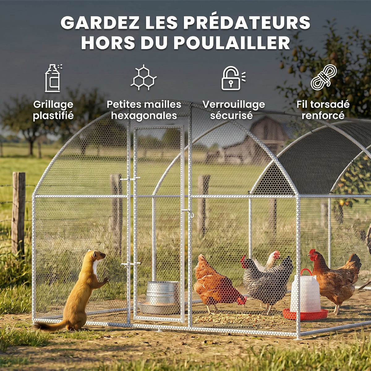 Grande recinto per pollaio 15,96 ㎡, parco recintato, tetto anti-UV, porta bloccabile, 2,8 x 5,7 x 1,97 m, argentato