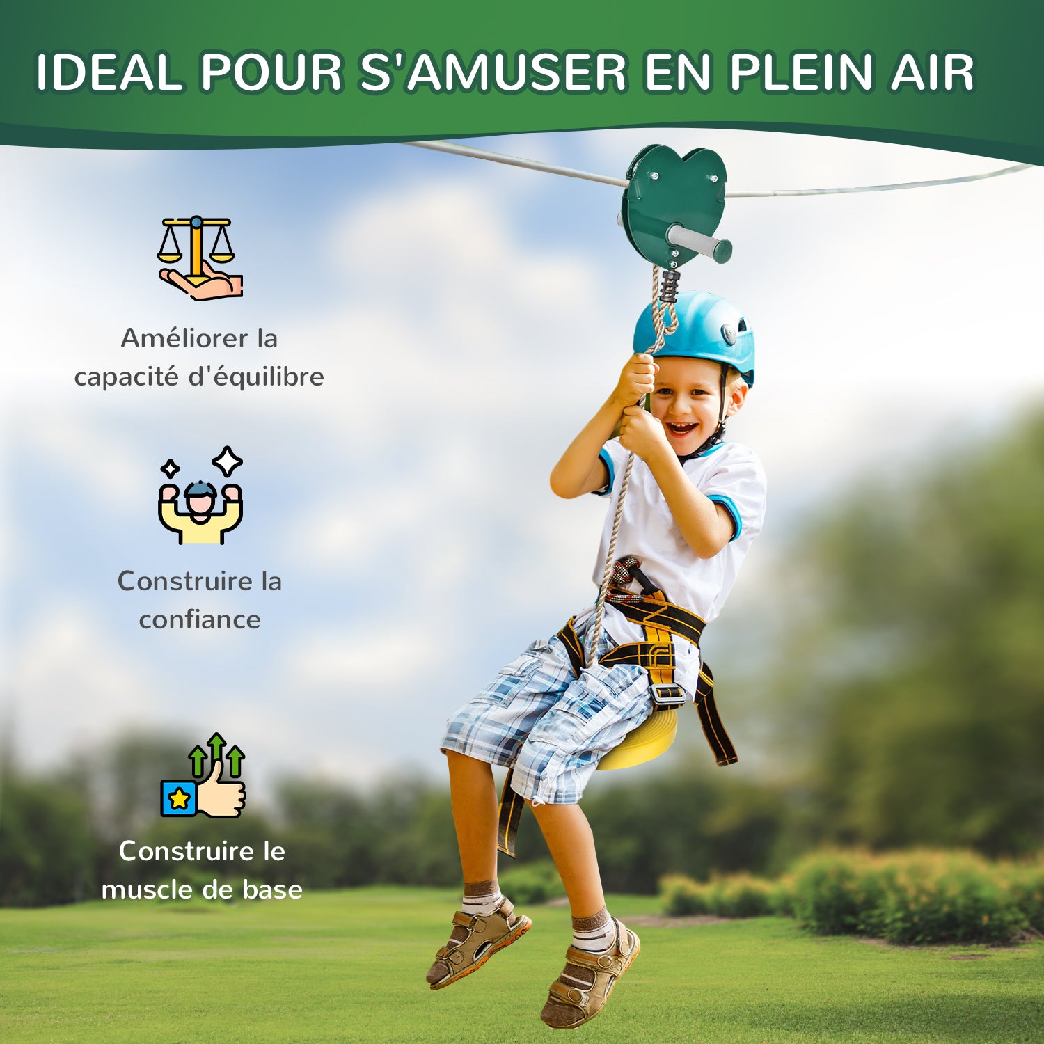 Kits de tyroliennes pour enfants 6-10 ans poignée antidérapante corde réglable dispositif de protection d'arbre