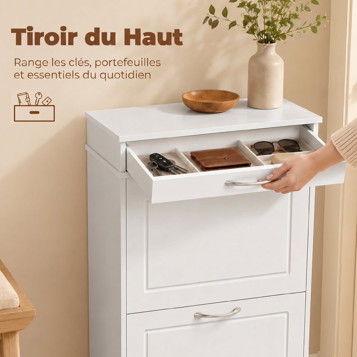 Meuble chaussure 8 paires, armoire à chaussures étroit avec tiroir et 2 portes abattants et étagère réglable, blanc