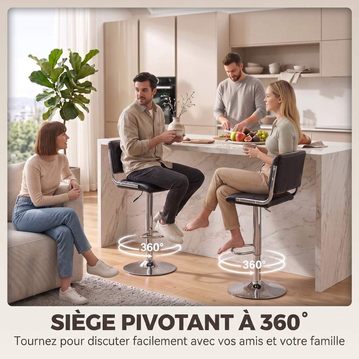 Set di 2 sgabelli da bar, altezza regolabile, girevoli a 360°, seduta imbottita, schienale e poggiapiedi, nero