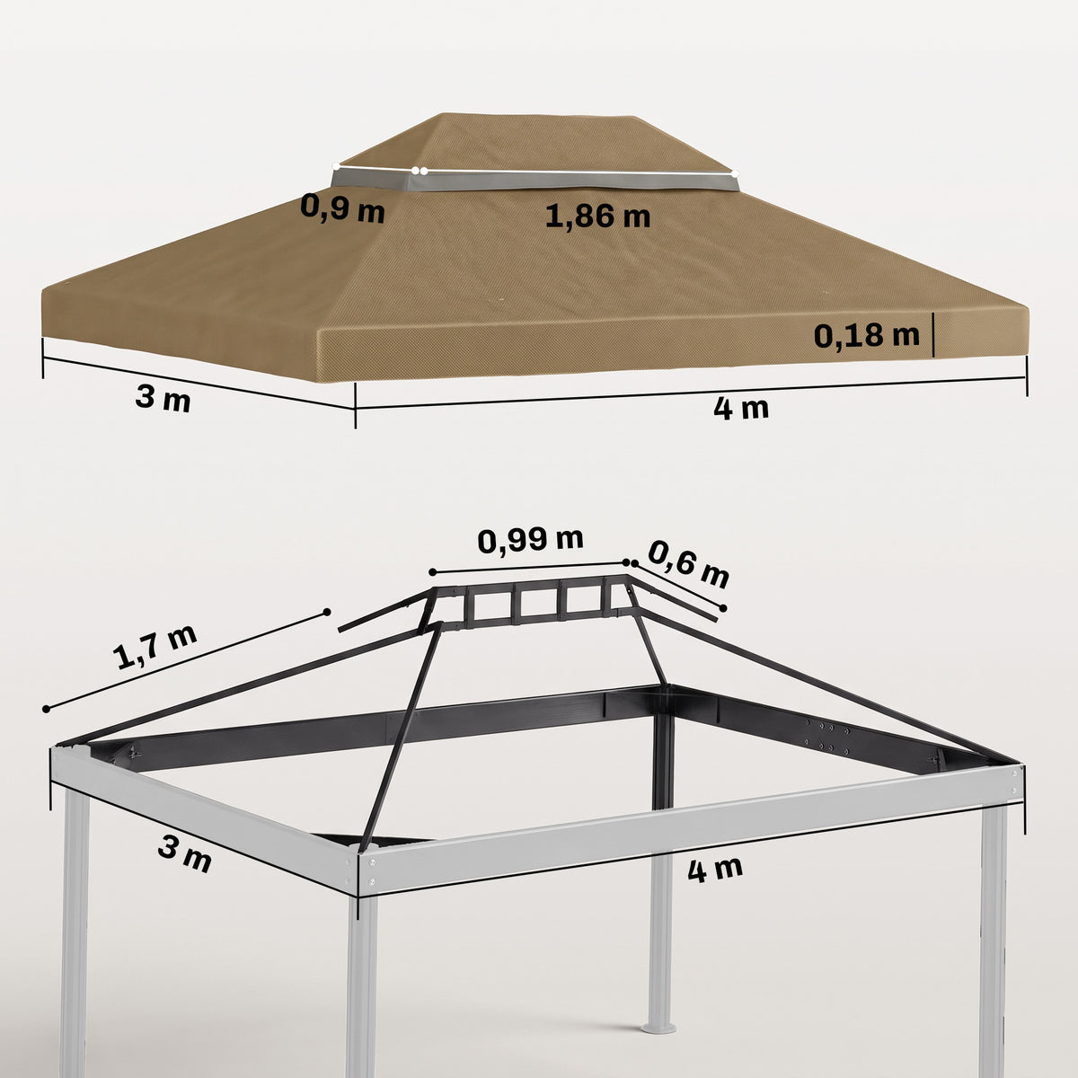 Ordezko oihala 4 x 3 m-ko begiratokirako, teilatu bikoitza drainatze-zuloekin, 370 g/m²-ko poliesterra, beixa