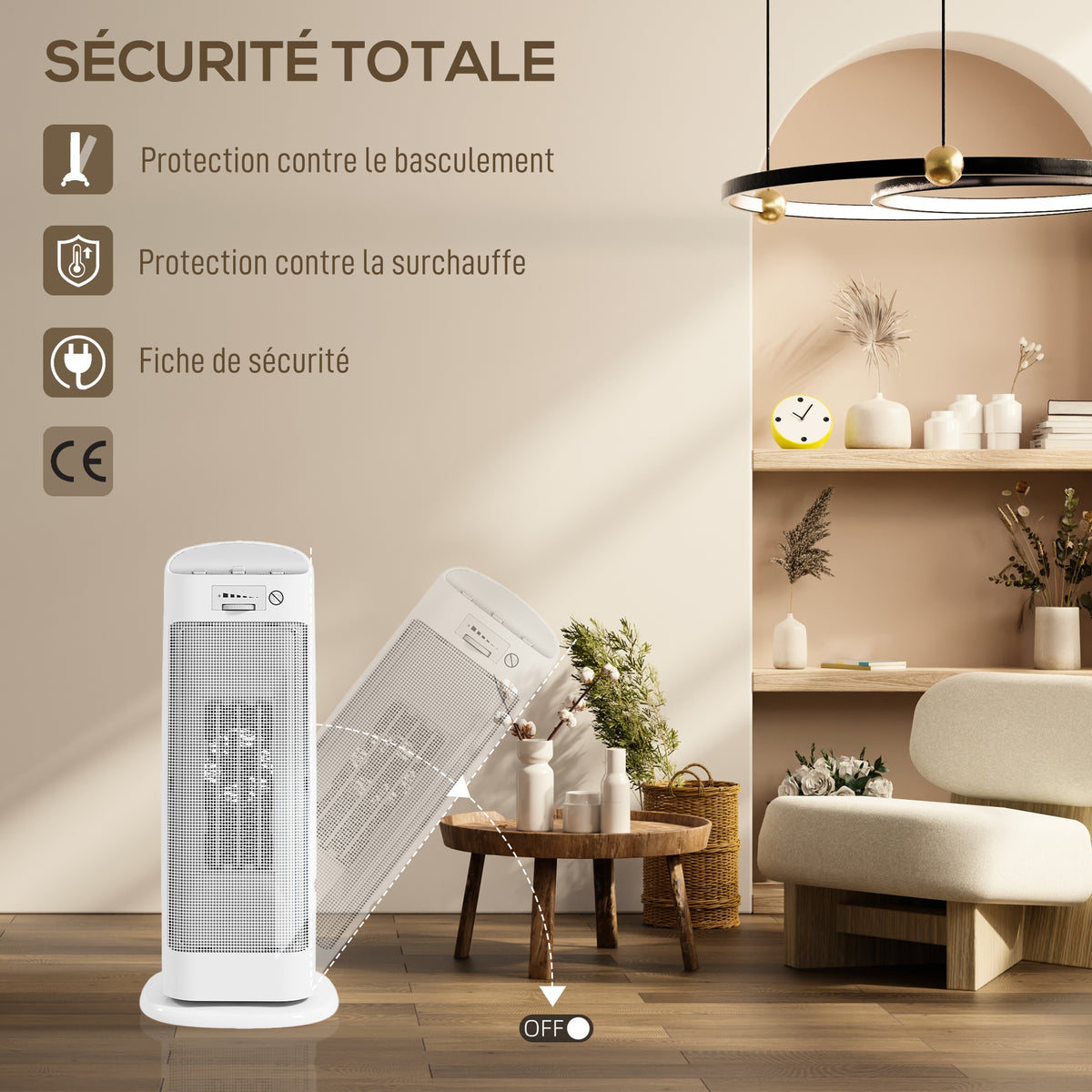 Chauffage d'appoint en céramique 2000 W, radiateur électrique soufflant 4 modes, thermostat réglable, 20x20x49cm, blanc
