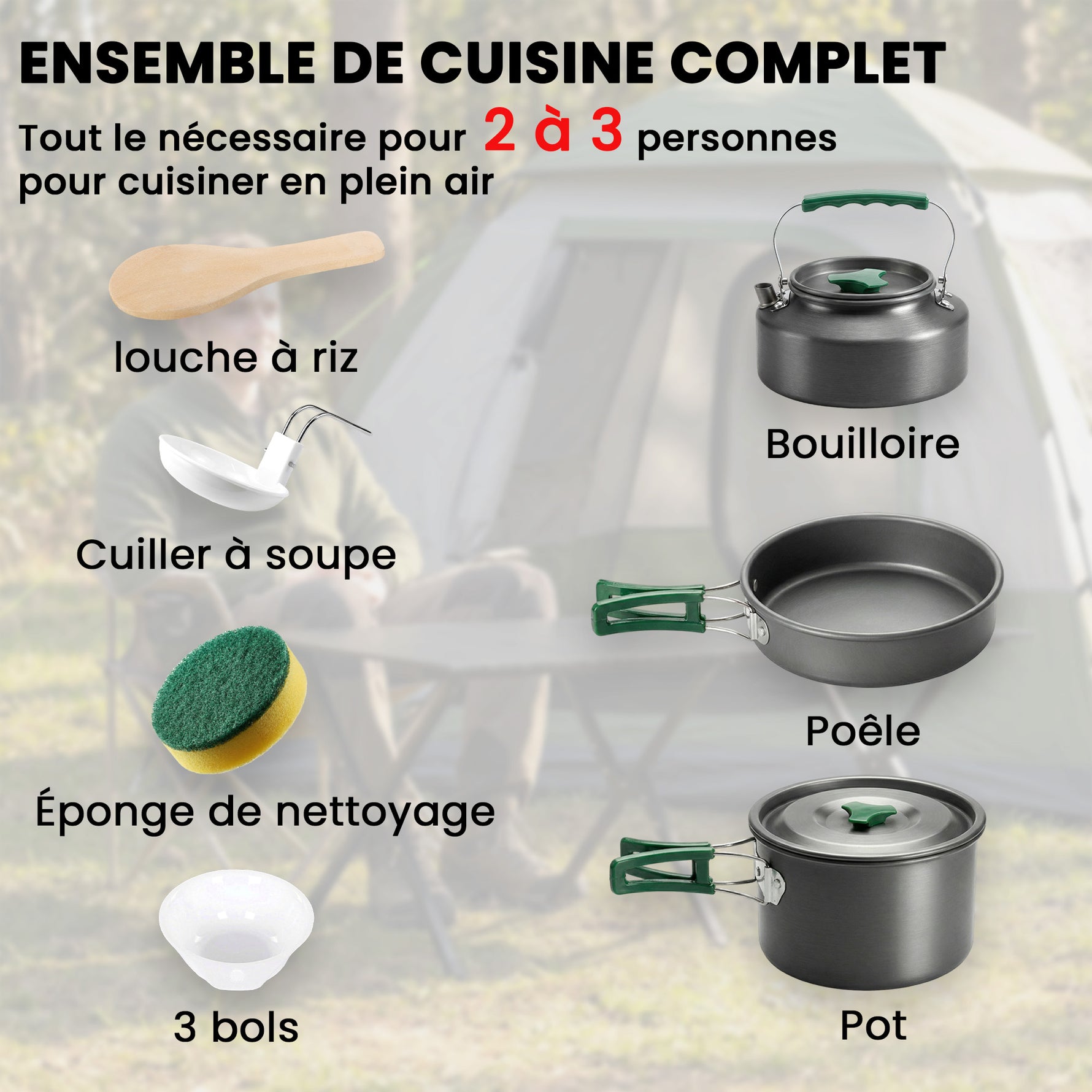 Kit de Casseroles Camping en Aluminium 11 Pcs, avec Sac de Rangement et Poignées Anti-Brûlures, Ø19x10cm, Gris-3