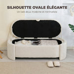 Banc de rangement, bout de lit ovale en polaire Teddy avec assise large, 129 x 48,5 x 44 cm, crème