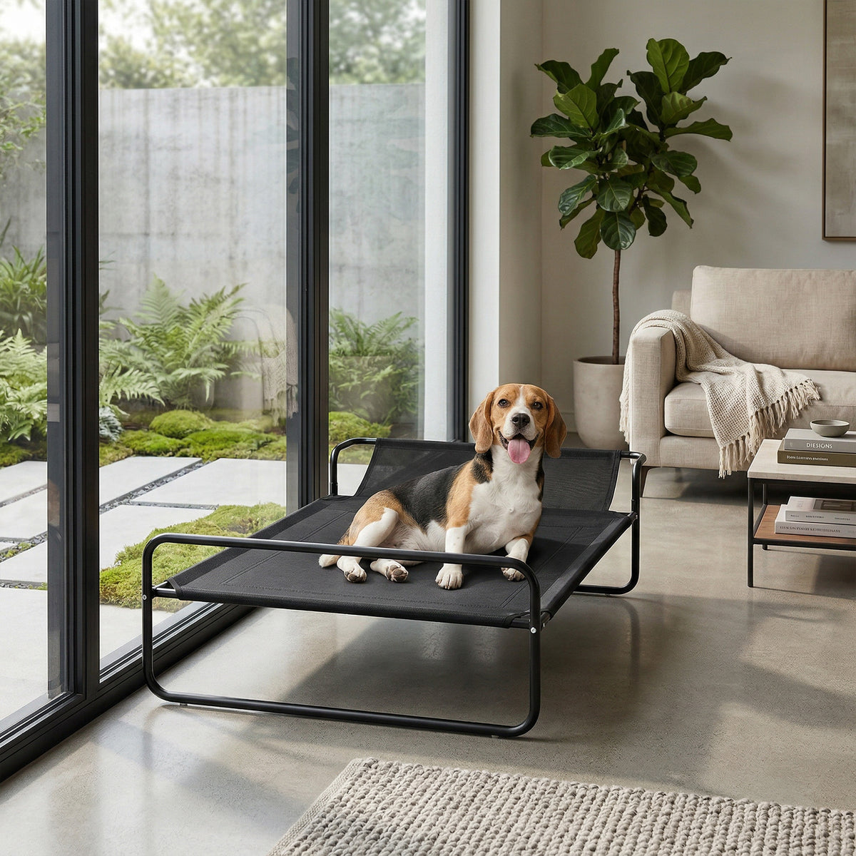 Lettino rialzato per cani e animali domestici con poggiatesta in tessuto microforato 106 x 81 x 33 cm nero