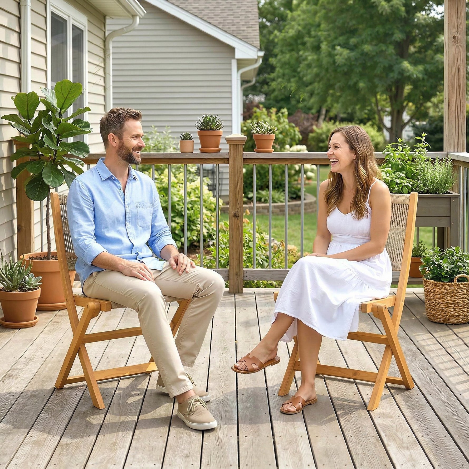 Lot de 2 Chaises de Jardin Pliantes Chaises de Balcon en Bois d'Acacia Assise en Corde Tressée Naturel et Beige