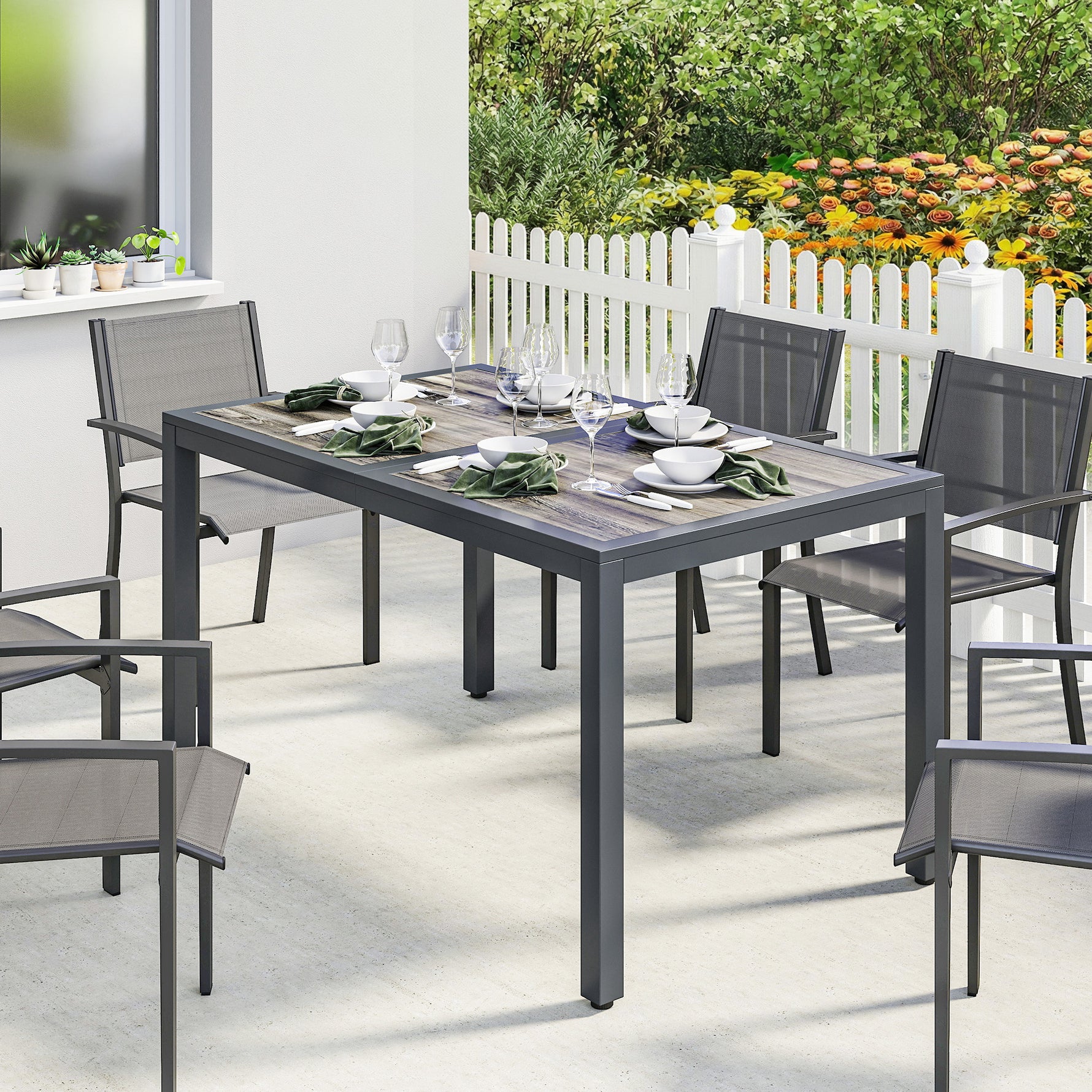 Table de jardin pour 4 à 6 personnes, table à manger extérieure avec plateau à effet bois, 140 x 80 x 72 cm, gris foncé