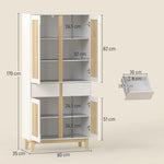Buffet haut cuisine, armoire de cuisine avec 4 portes, 2 tiroirs et étagères réglables, 80x35x170cm, blanc et chêne