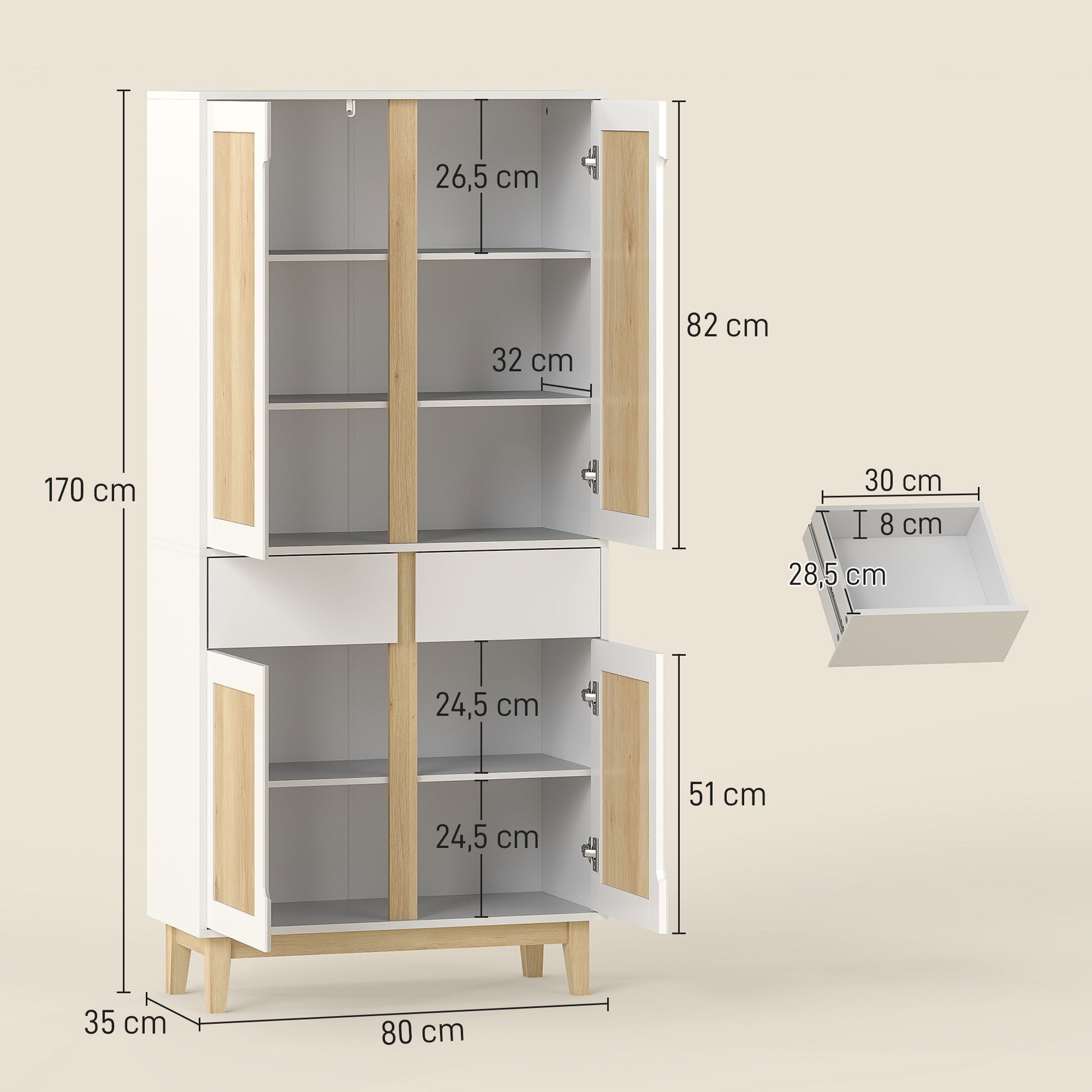 Buffet haut cuisine, armoire de cuisine avec 4 portes, 2 tiroirs et étagères réglables, 80x35x170cm, blanc et chêne
