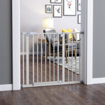 Cancelletto di sicurezza a larghezza regolabile 74-80 / 91,5-97,5 cm, doppia chiusura, chiusura automatica, cancelletto per cani per porte, corridoi, scale, senza fori, acciaio, bianco