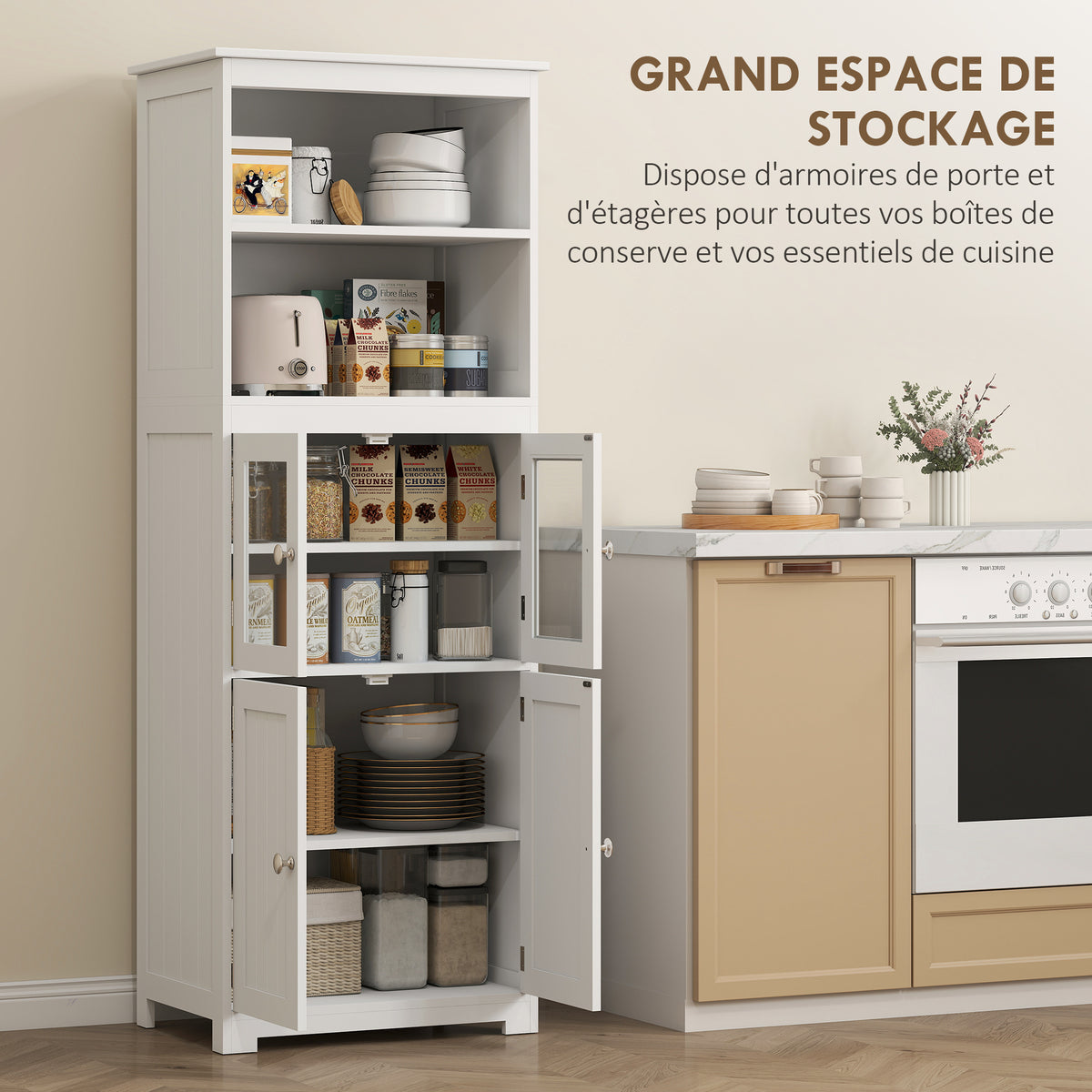 Armoire de cuisine buffet cuisine vaisselier meuble de rangement avec 2 niches, 2 placards avec 4 portes dont 2 portes vitrées, étagère réglable - dim. 60I x 30P x 162H cm blanc
