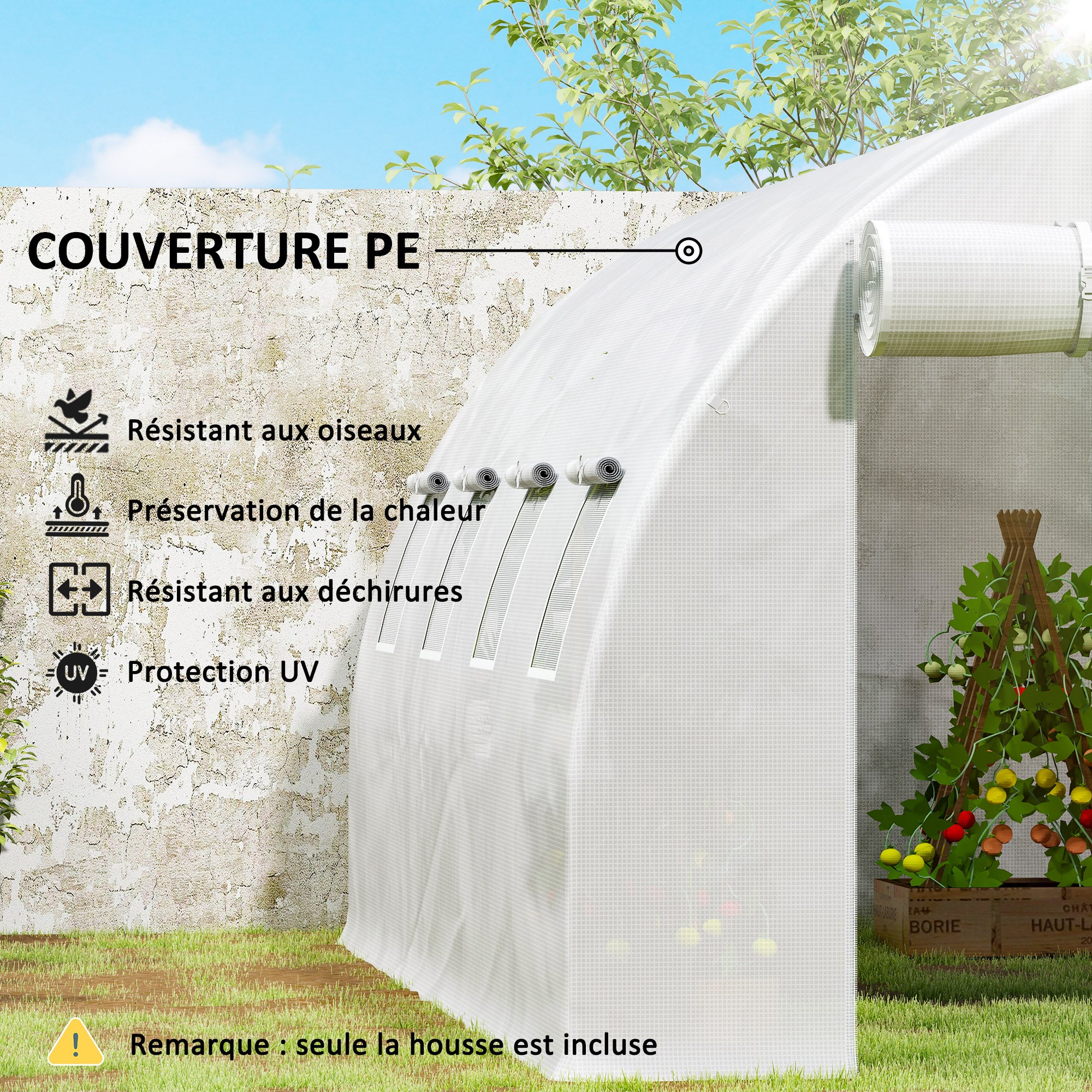 Replacement cover for 12 m² tunnel greenhouse 4 x 3 x 2 m, anti-UV waterproof PE, 8 windows + zipped roll-up door, white