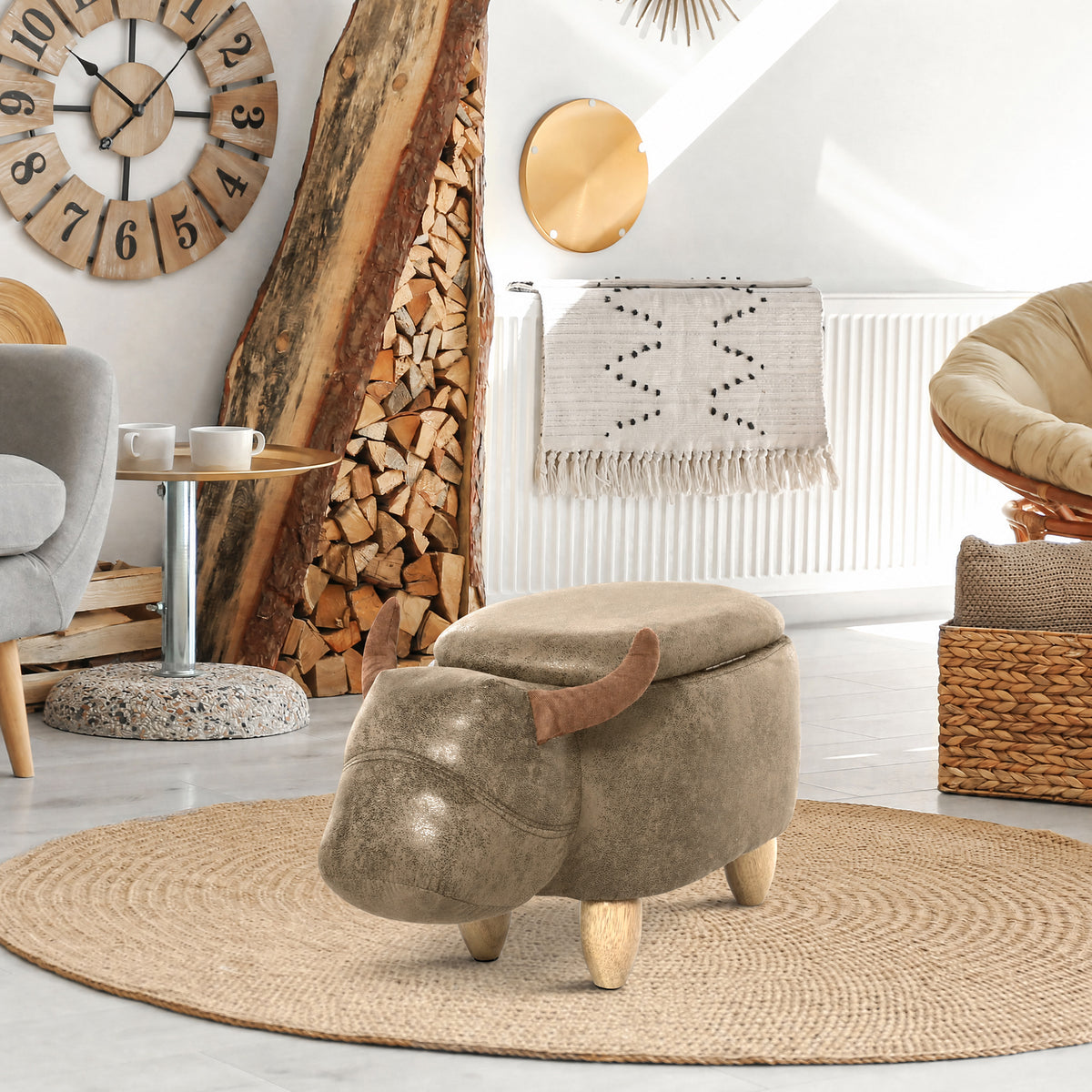 Tabouret Vache - Pouf Vachette - Pouf Taureau Coffre de Rangement 2 en 1 - Pieds Bois d'hévéa revêtement synthétique Aspect Daim Vieilli Marron