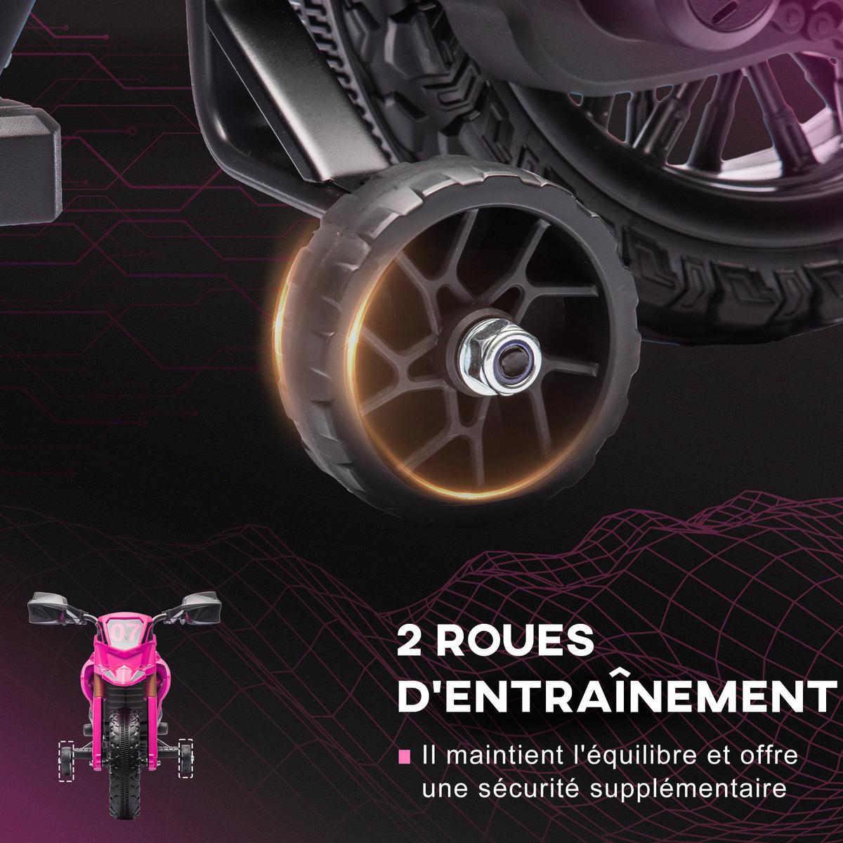 Moto cross électrique pour enfants 3-8 ans, batterie 6 V, 2 moteurs, klaxon et roues d'entraînement, charge 30KG, rose
