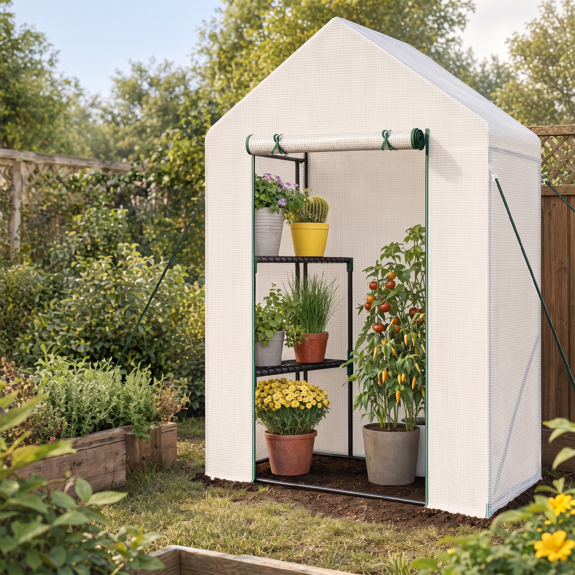 Serre de Jardin PE avec Étagères 2 Niveaux, Bâche Renforcée 140 g/m², Porte Zippée Enroulable, 143x73x195cm, Blanc