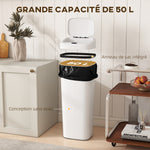 Poubelle cuisine automatique 50L en acier inoxydable, poubelle à capteur de mouvement sans contact, 33x25x84cm, blanc