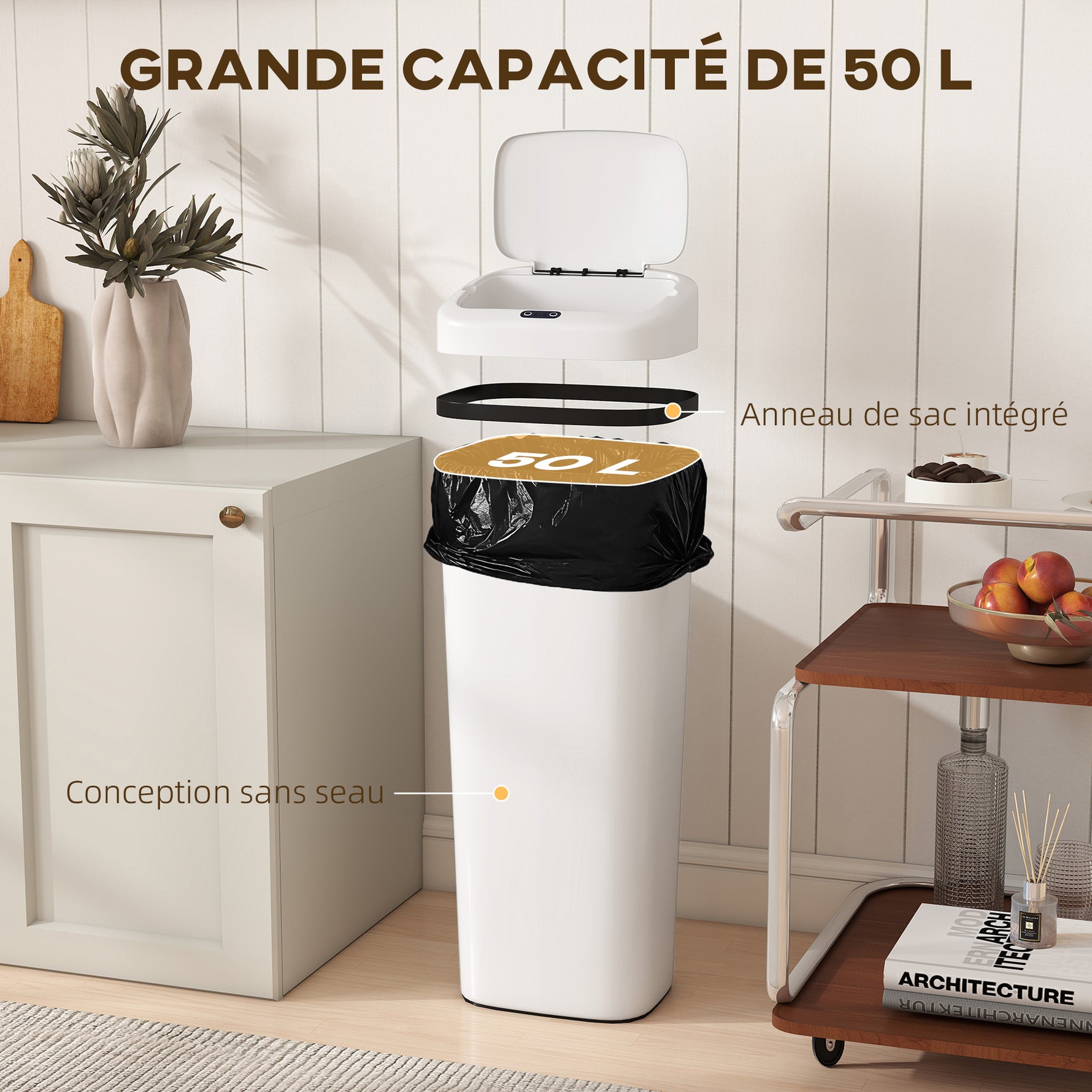 Poubelle cuisine automatique 50L en acier inoxydable, poubelle à capteur de mouvement sans contact, 33x25x84cm, blanc