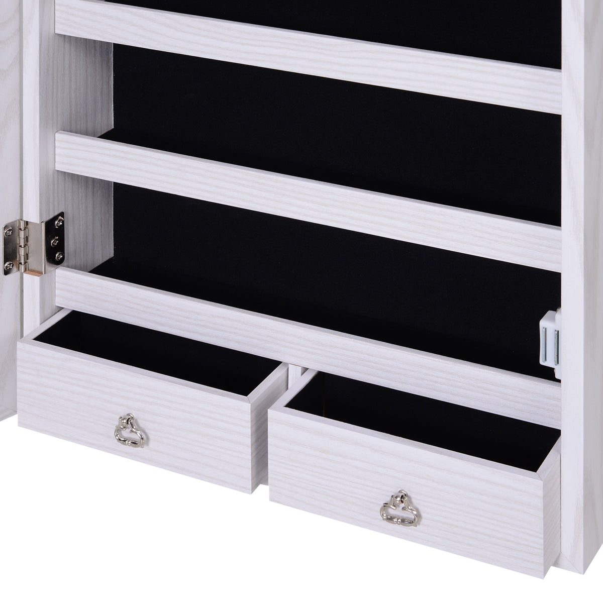 Armoire à bijoux suspendue au mur ou à la porte avec miroir, LED, 5 étagères, 2 tiroirs, 37x10x120cm, effet bois grisé