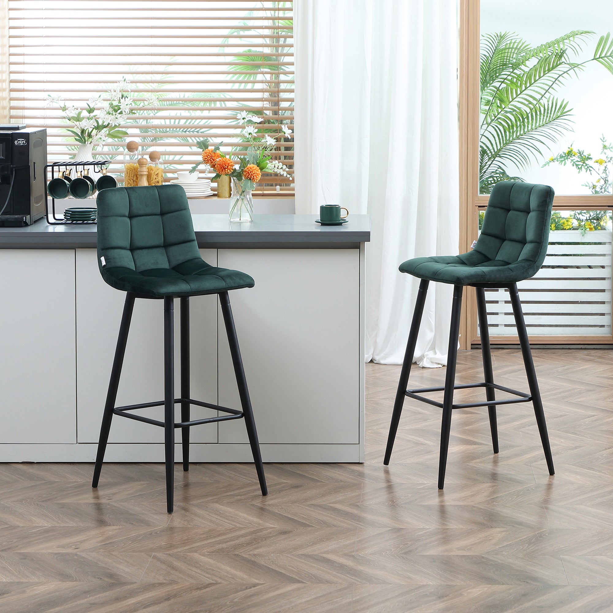 2er-Set Design-Barhocker mit gesteppter Samtoberfläche und Stahlbeinen, Höhe 77 cm, dunkelgrün