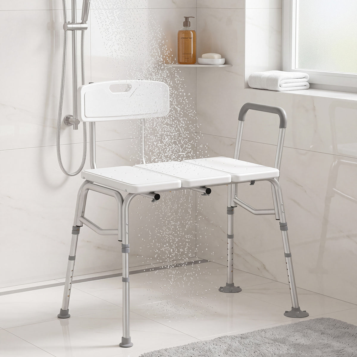 Banco de Transferencia para Bañera, Altura Ajustable en 10 Niveles, Asiento Ancho, Respaldo, Apoyabrazos, 86x60x89-101cm, Blanco