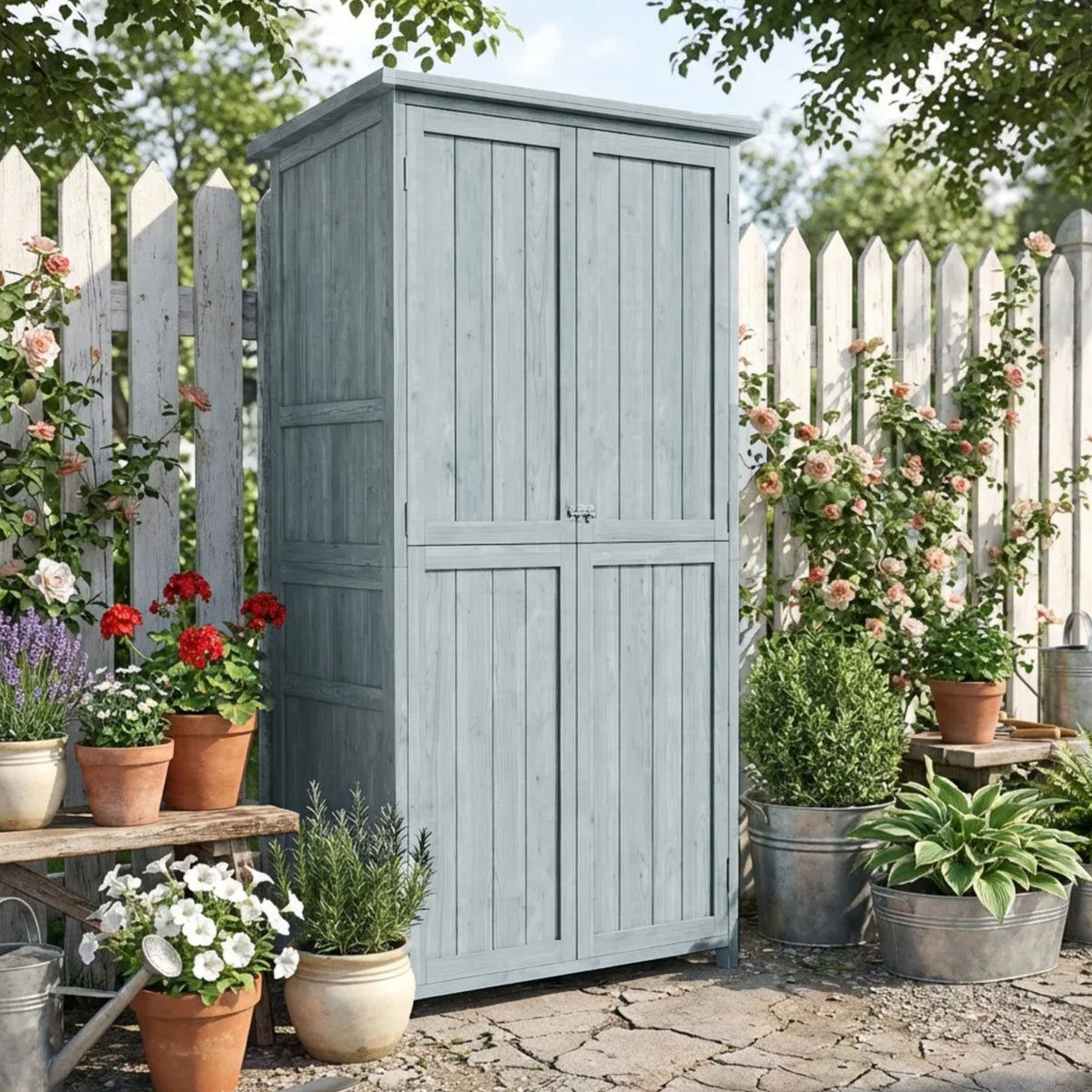 Armoire de jardin, armoire extérieure de rangement en bois avec 2 portes verrouillables, 2 étagères et 10 crochets, gris