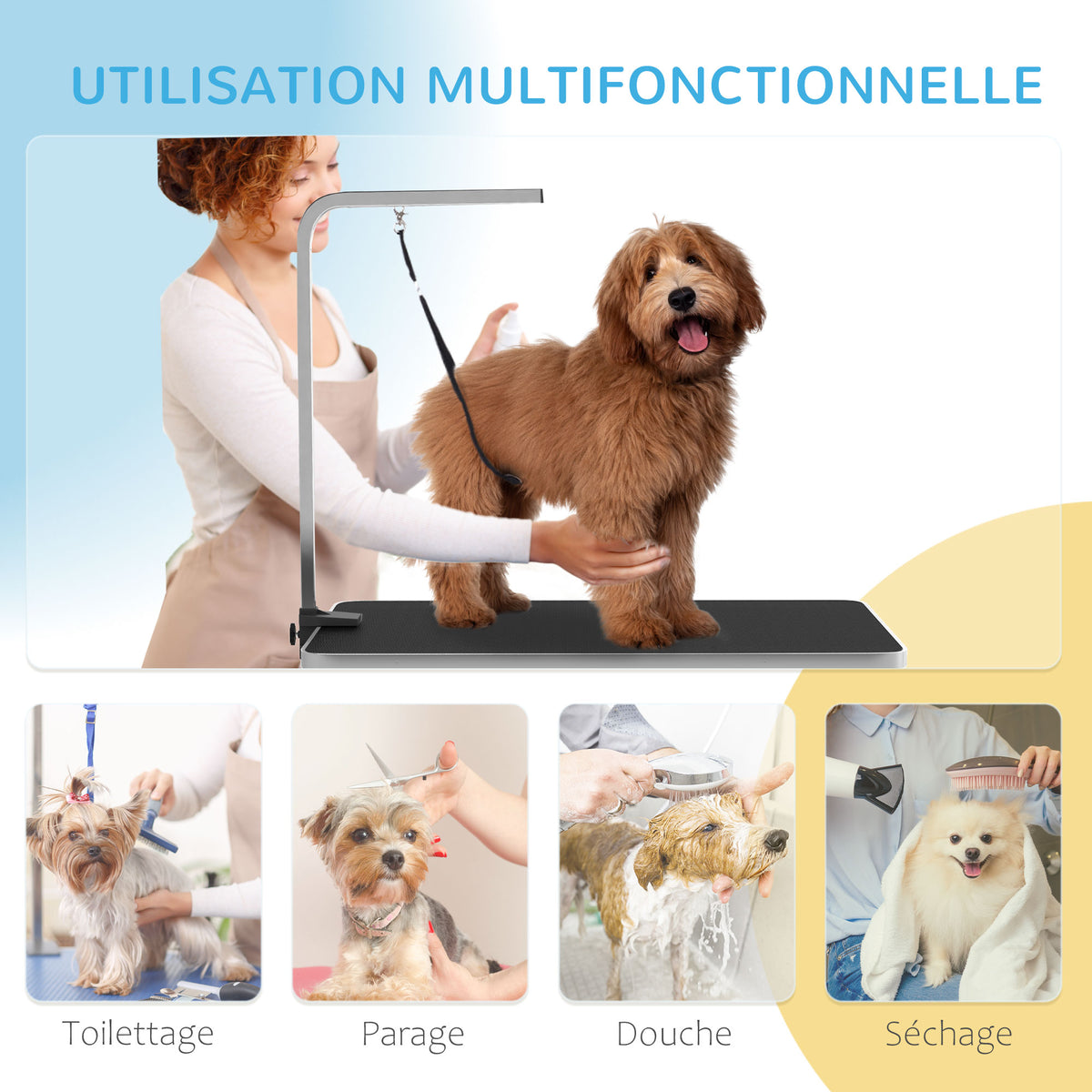 Table de toilettage pour chien pliante plateau antidérapant en caoutchouc avec 2 sangles 90 x 60 x 76 cm noir
