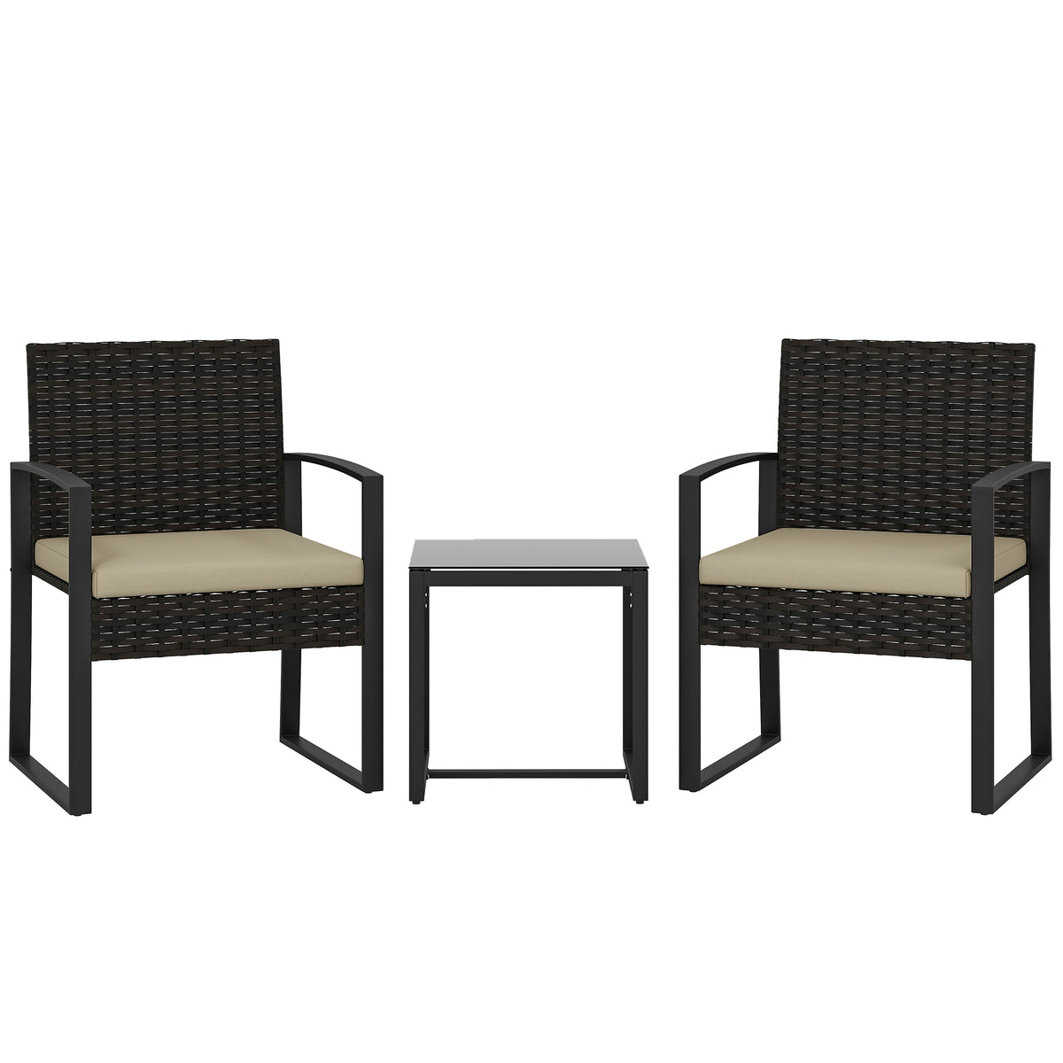 Salon de jardin extérieur en résine tressée 2 personnes, table de jardin avec 2 chaises, plateau en verre trempé, marron