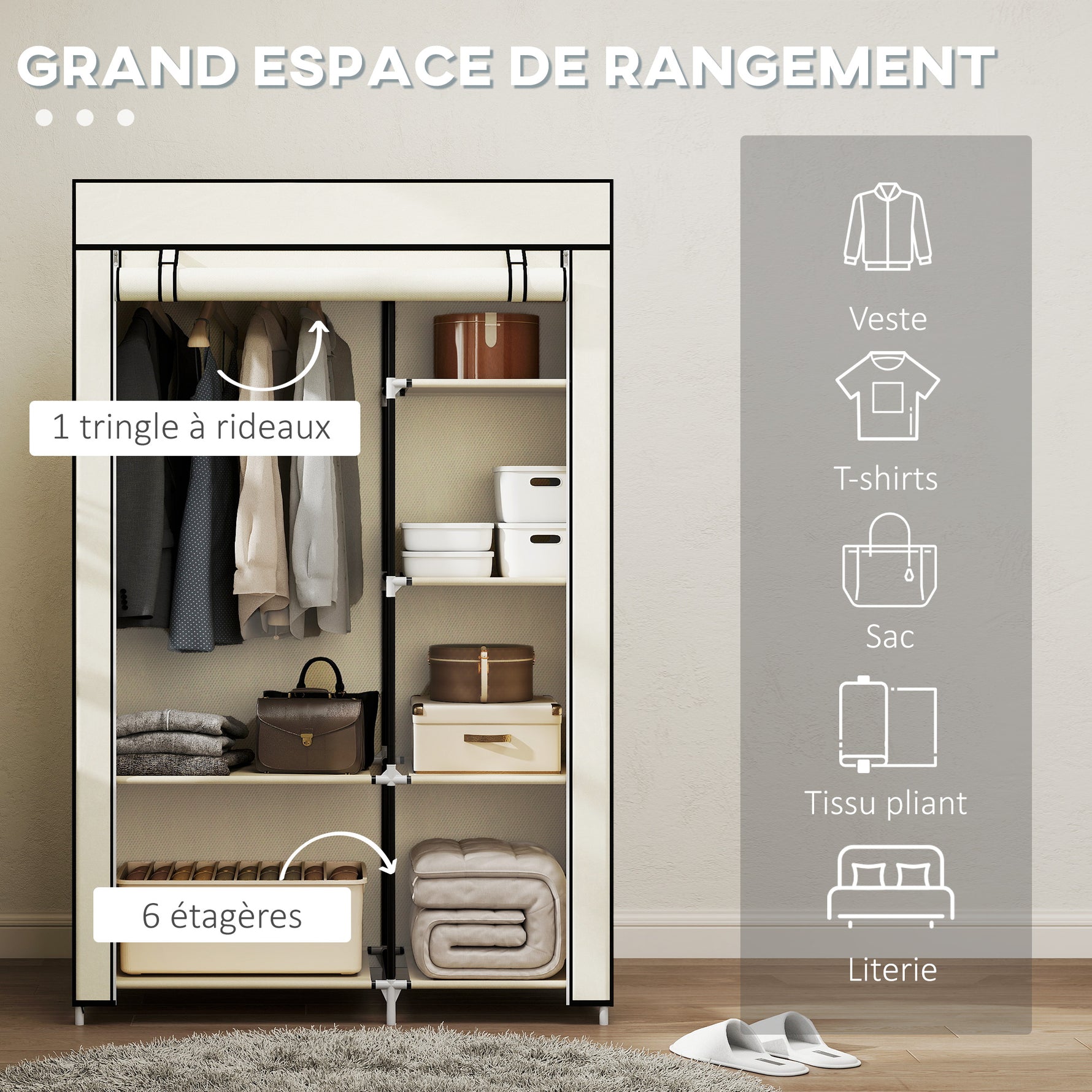 Armoire penderie en tissu meuble de rangement tringle à vêtements et étagères ouvertes 103x43x162,5cm crème