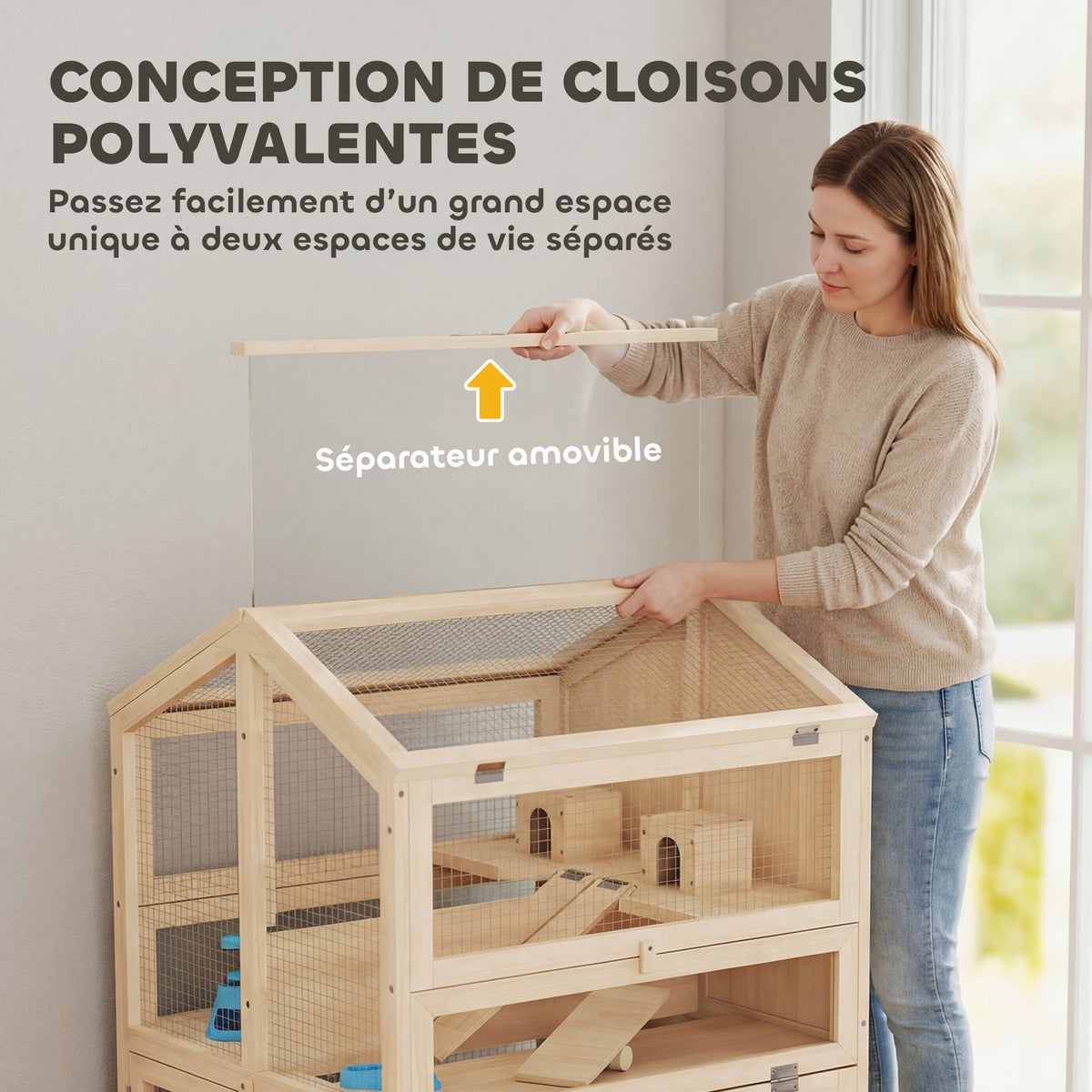 Cage Hamster 3 Étages en Bois avec Bac Amovible, Couvercle Ouvrant, Bascule, Cabane, Fenêtre, 68x61,5x90cm, Naturel