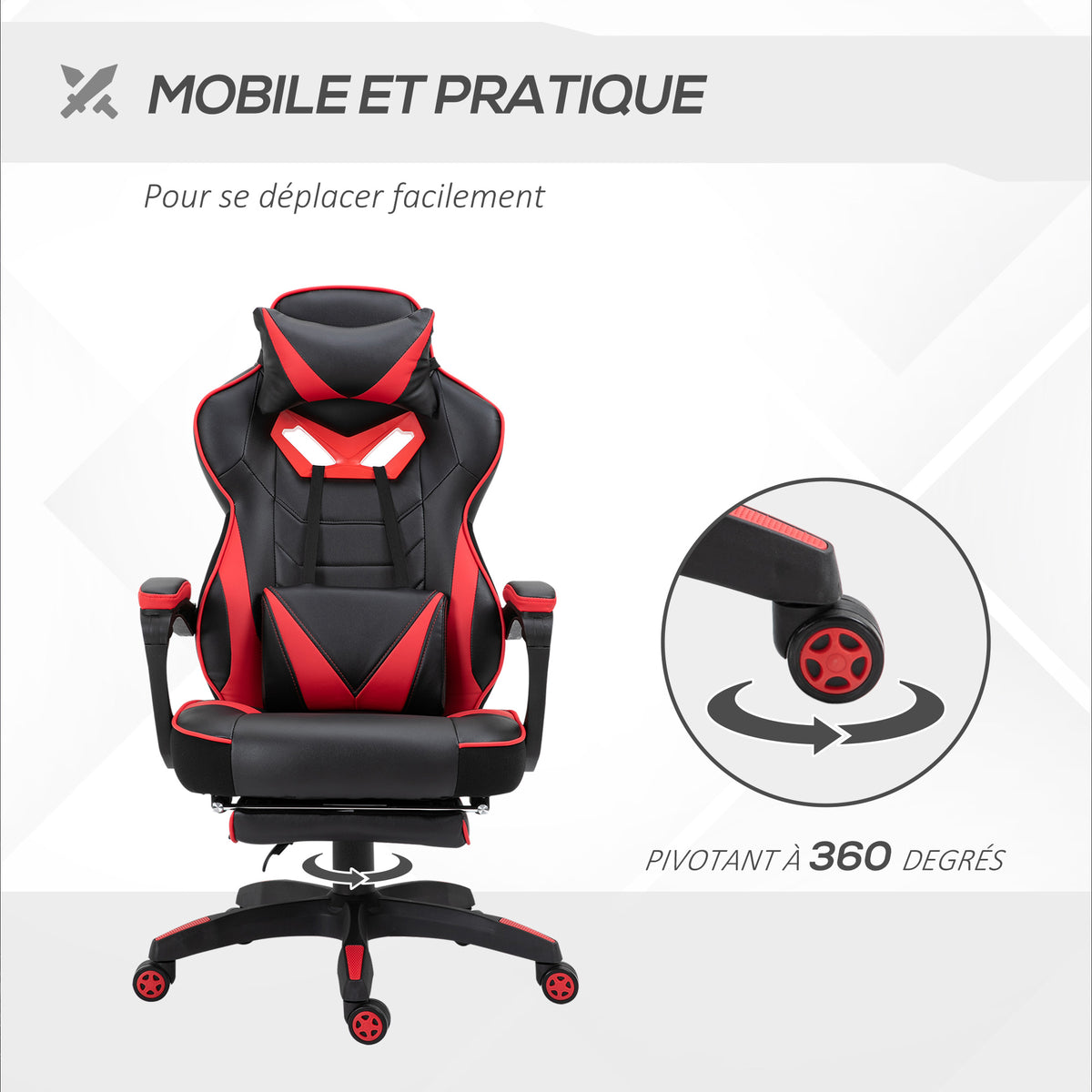 Chaise gaming Ergonomique, Fauteuil de Bureau confortable avec Repose-Pied, Appuie-Tête et coussin lombaire, Hauteur Réglable, noir et rouge