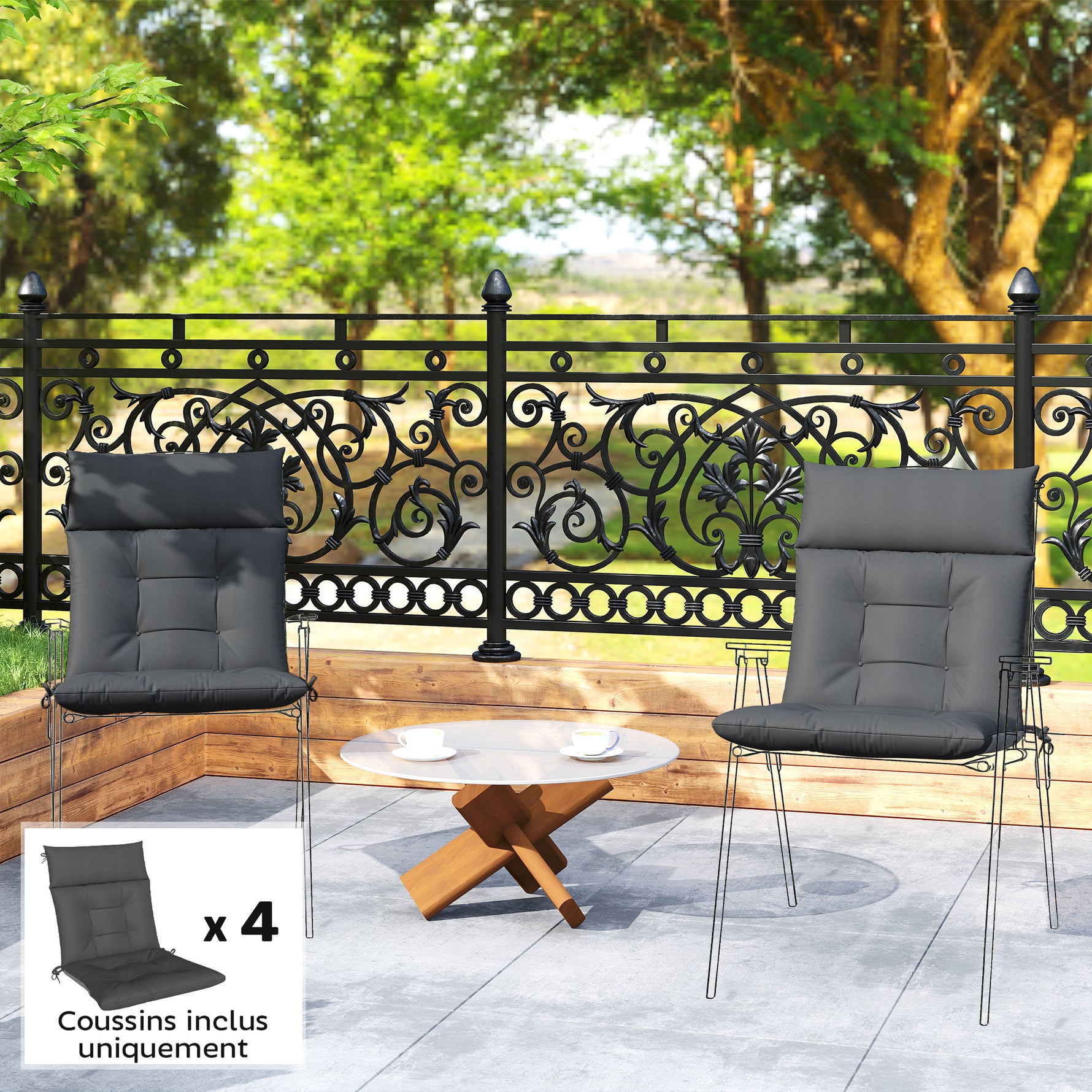 Lot de 4 coussins pour chaises de terrasse, résistants à l'eau, antidérapants, avec liens, 112x53cm, Gris Foncé