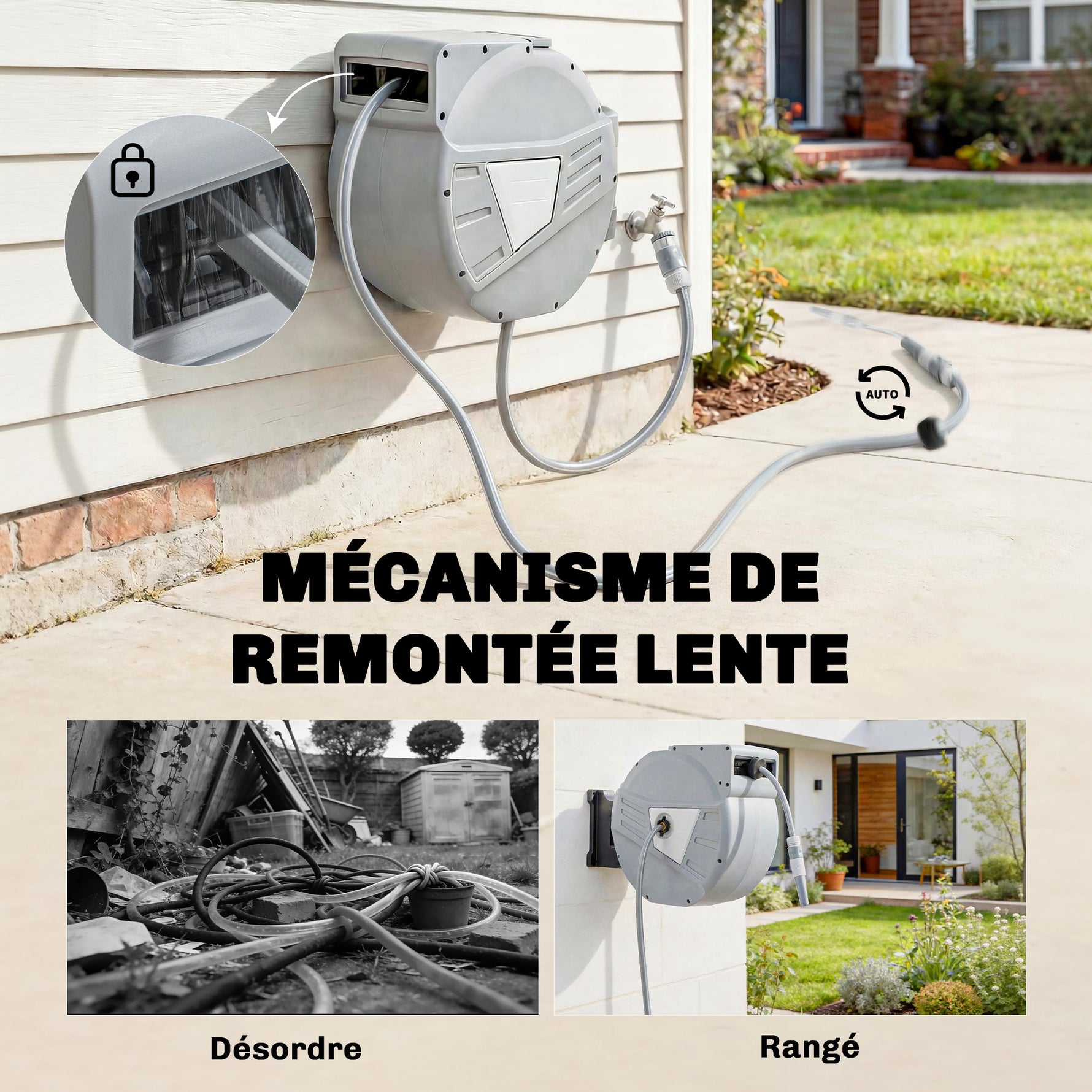 Enrouleur Tuyau Arrosage Mural 40+2 m x Ø 15mm, Dévidoir de Tuyaux d'Eau Rétractable Automatique Pivotant à 180°, Gris