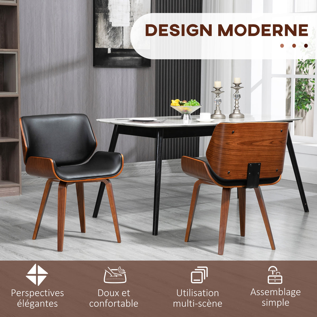 Set di 2 sedie da pranzo stile vintage seduta rivestimento sintetico 53l x 54P x 81H cm nero marrone