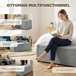 Banc de rangement, bout de lit, repose-pieds rembourré en lin avec assise large, 122 x 48 x 44 cm, gris clair