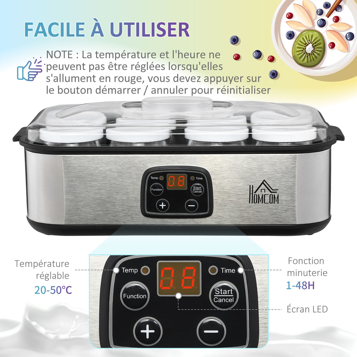 Yogurtiera con 8 vasetti in vetro da 180 ml, macchina per yogurt elettrica in acciaio inossidabile con timer, termostato regolabile e display digitale per dessert fatti in casa sani