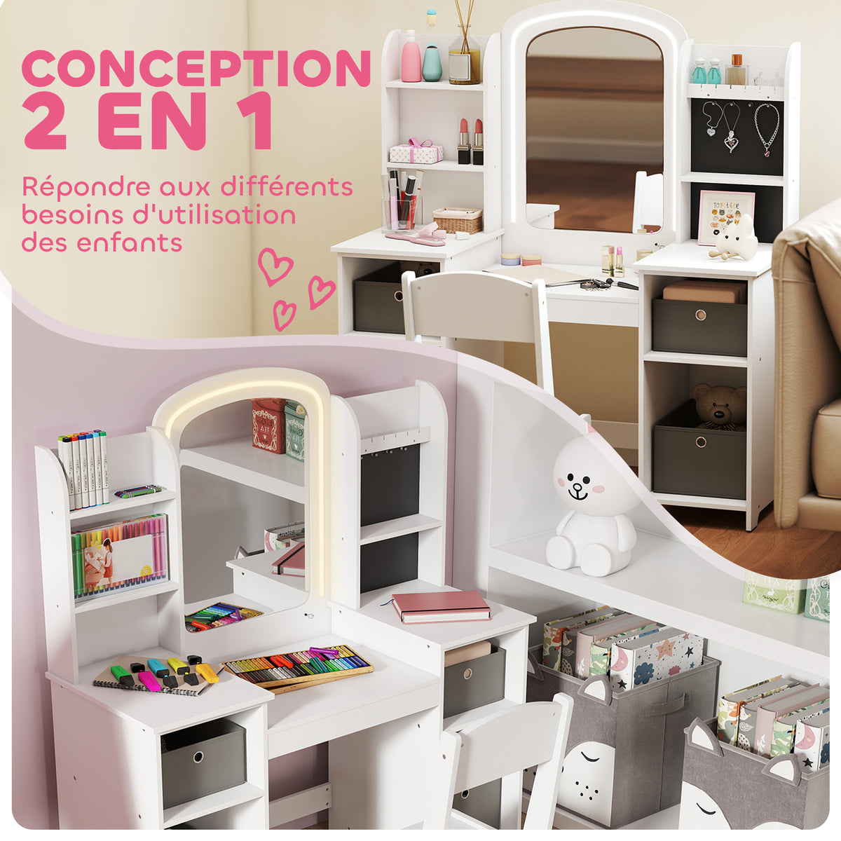 Coiffeuse pour enfants avec tabouret et miroir LED, table de maquillage pour 3 à 8 ans, 104 x 40 x 112 cm, blanc