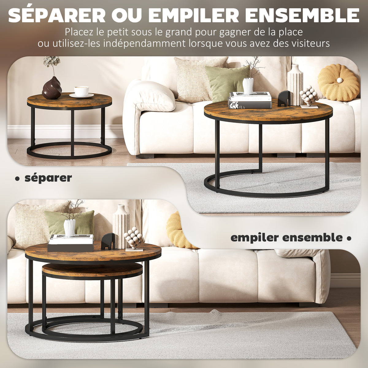 Lot de 2 tables basses gigognes empilable design industriel plateau imitation ciment pieds en métal brun rustique